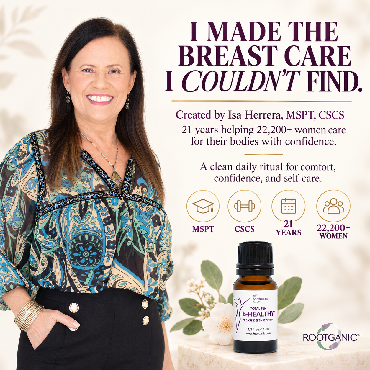 Isa Herrera, MSPT, CSCS, creator of B-Healthy Breast Defense Serum