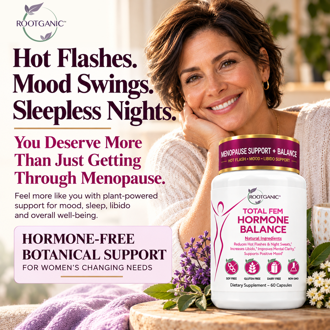 Total Fem Hormone Balance by Rootganic, bottle of 60 capsules