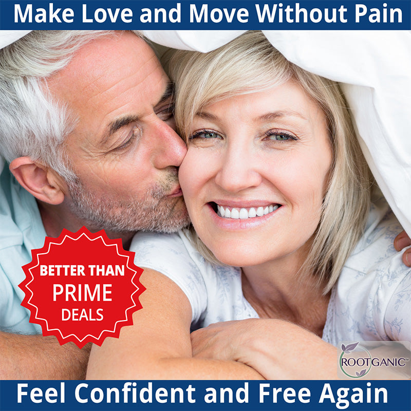 Happy couple in bed, promoting Rootganic Pelvic Pain Fix Bundle for pain-free intimacy and movement.